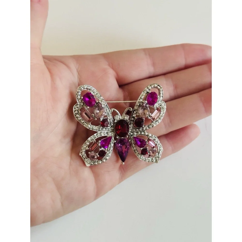 VTG Butterfly brooch pin Silver Plated Pink Red Rhinestone Figural Y2K‎ Flashy